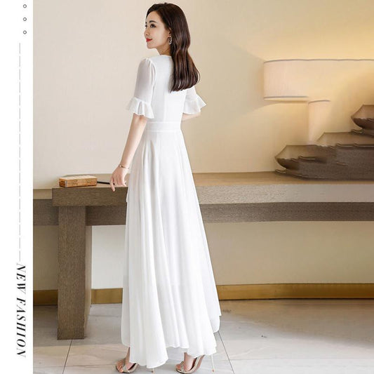 Chiffon Dress Spring and Autumn Chiffon Short-sleeved Dress Female Temperament Slim Slimming Long Skirt Female Plus Size Dance Skirt