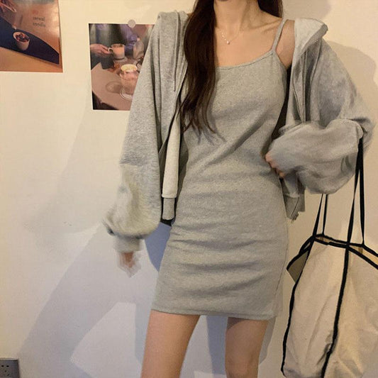 2PCS Women's Casual Solid Color Suit Spring and Summer Sling Dress + Cardigan Jacket Two-piece Ladies Sexy Hooded Sweater Skirt Set