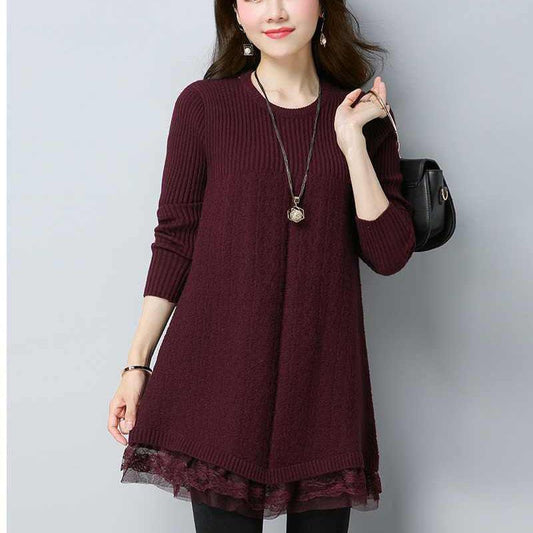 Autumn and Winter Lace Sweater Fashion Knit Mid-length Bottoming Shirt Slim Simple Dress