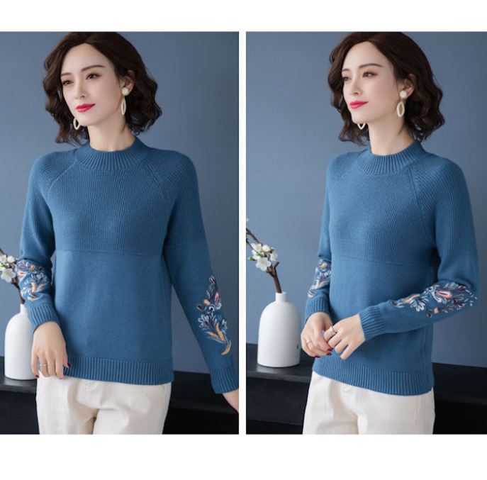 Women's Half Turtleneck Knit Sweater Plus Fleece Thickened Short Sweater Embroidered Bottoming Shirt Versatile Loose Large Size
