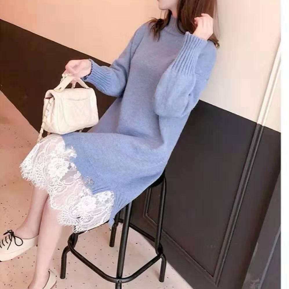 Pofulove 6 Colors Women Pretty Pullover Sweater Dress Half-Turtleneck Lace Knitted Long Skirt