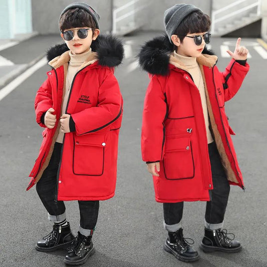 Boys' Padded Jackets Autumn and Winter Clothes Medium and Long Thick Padded-jacket Large Children Western Style Padded Coat Trendy Children