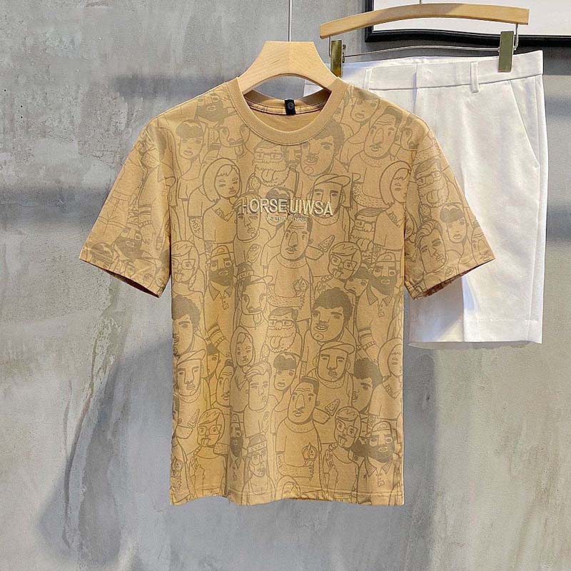 Summer Cotton Short-sleeved T-shirt Male Fun Character Printing Simple Round Neck Casual Half-sleeved T-shirt