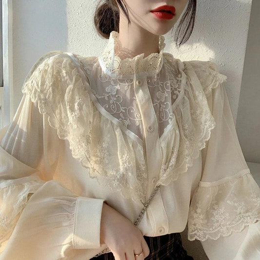 French Retro Lace Shirt Spring Western Style Design Niche Long-sleeved Half Turtleneck Top