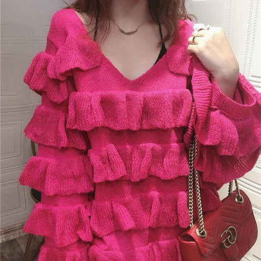 Autumn and Winter Multi-level Flared Sleeve Cake Skirt Ruffled Knitted Sweater