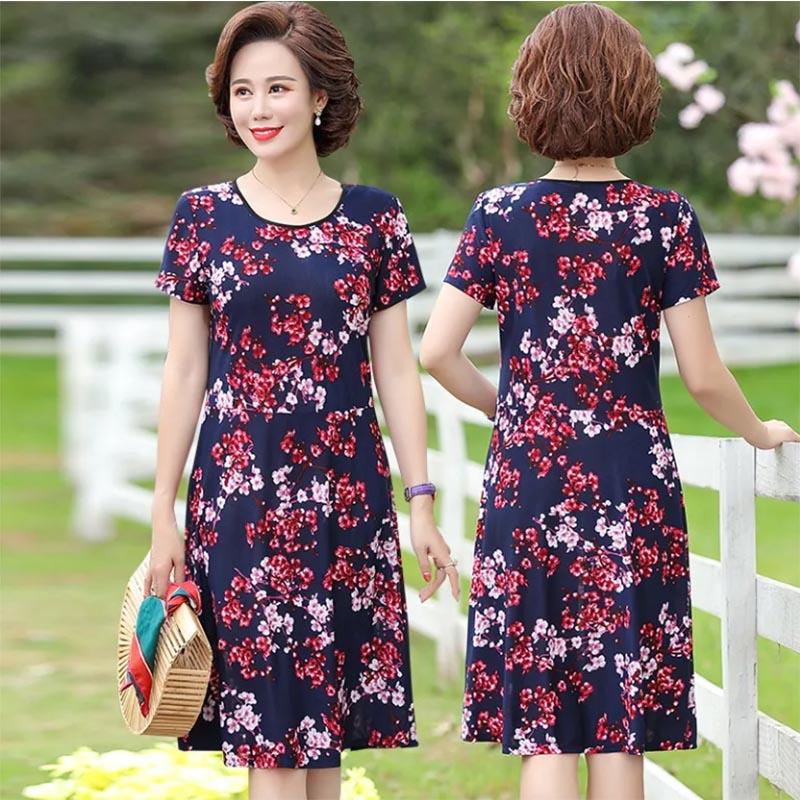 Floral Holiday Style Middle-aged and Elderly Plus Size Women's Dress Short-sleeved Mother Dress Long Skirt Slim Skirt