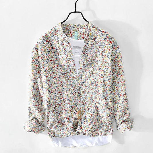 Retro Pastoral Style Printed Linen Long-sleeved Shirt Men's Loose Youth and Thin Fashion Floral Cotton and Linen Shirt
