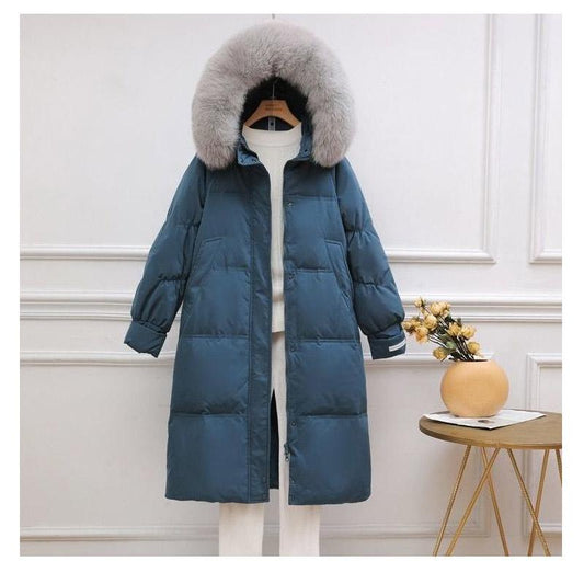 Down Jacket Women's Mid-length Big Fur Collar Korean Fashion Loose Thick Over-knee Winter Hooded Jacket Tide