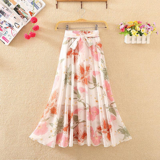 Large Swing Chiffon Floral Long Skirt Summer High Waist Loose A-line Skirt Beach Skirt