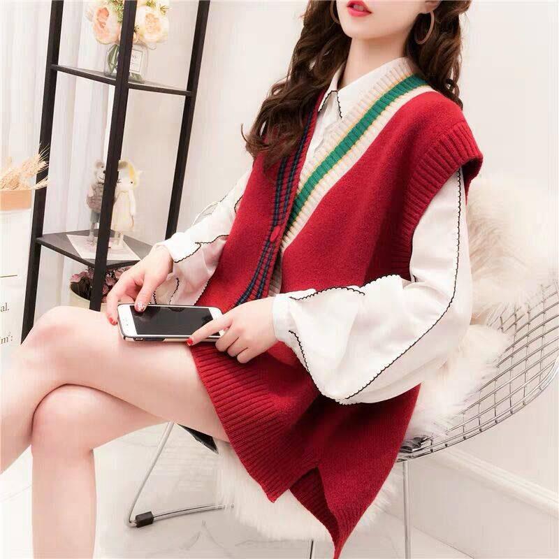 Knitted Sweater Women Vests Geometric V-Neck Sleeveless Cardigan Plus Size Loose Outerwear Vest