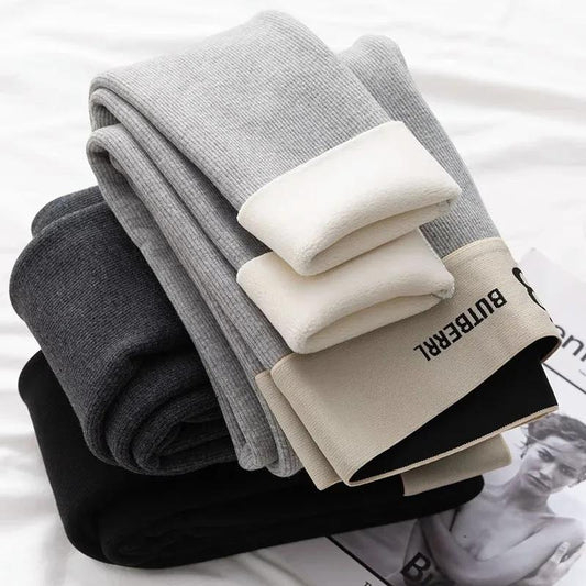 Women's Leggings for Autumn and Winter Wear Plus Velvet Thickened High Waist Threaded Tight-fitting Cold-proof Warm Cotton Trousers