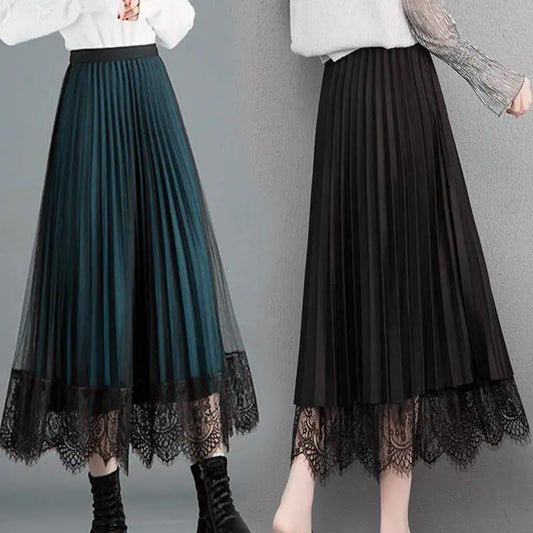 Half-length Skirt Women's Plus Size High-waist Lace Pleated Skirt Mid-length Mesh Skirt Worn on Both Sides