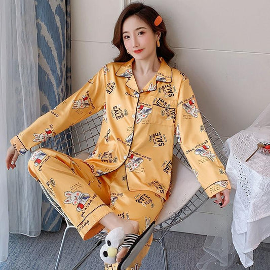 Ice Silk Long-sleeved Pajamas Feminine Feel Ladies Thin Artificial Silk Pajamas Home Service Shirt Casual Suit Style Cute and Easy To Wash