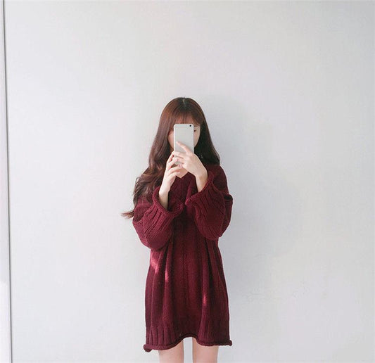 Sweater Women Autumn and Winter Thickening Slim Students Loose and Versatile Mid-length Sweater Dress V-neck Long Sleeves