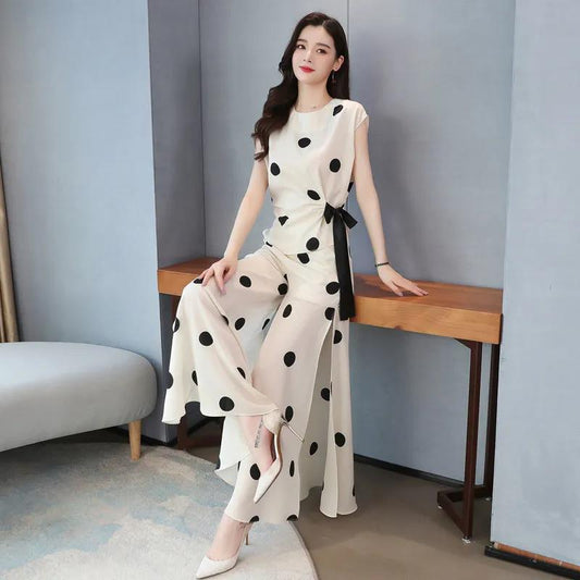 Polka Dot Chiffon Women's Two-piece Loose Wide-leg Pants Round Neck Sleeveless Bow-knot Shirt Chiffon Fabric Light and Breathable
