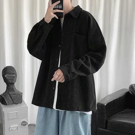 Men's Warm Corduroy Long Sleeve Shirt Men's Loose Retro Casual Shirt Tide Brand Loose Undershirt Black Jacket