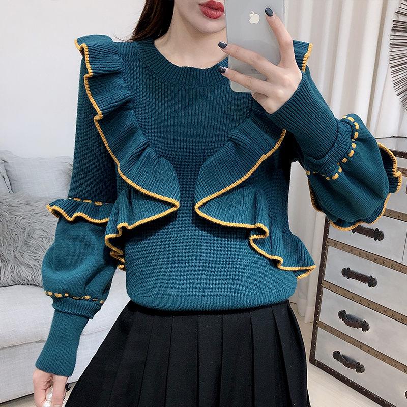 Autumn and Winter Ins Knit Sweater Fashion All-match Ruffle Sweater Women Color Matching Bottoming Shirt
