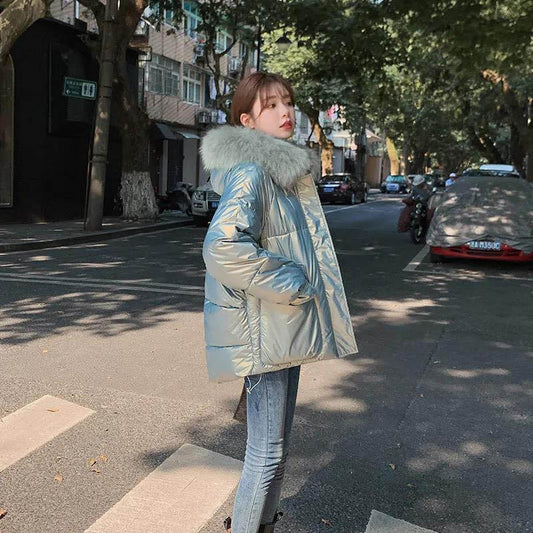 Winter Women's Cotton-padded Jacket Short Section Thickened Big Fur Collar for Girls Shiny Cotton-padded Jacket Warm Jacket