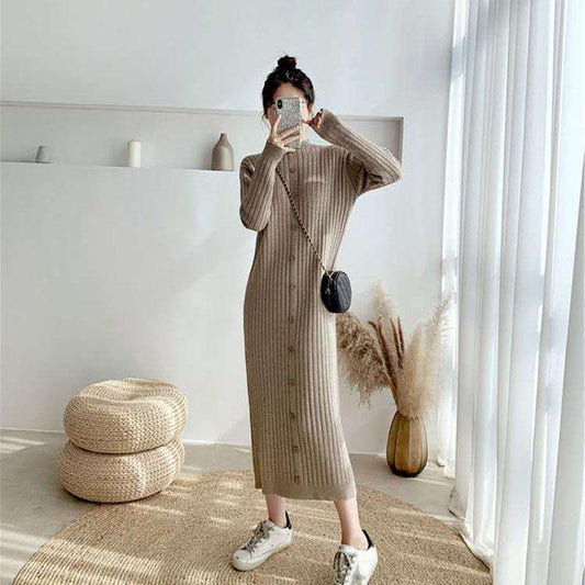 Long Sweater Over The Knee Retro Single-breasted Base Knitted Autumn and Winter Women's Dress