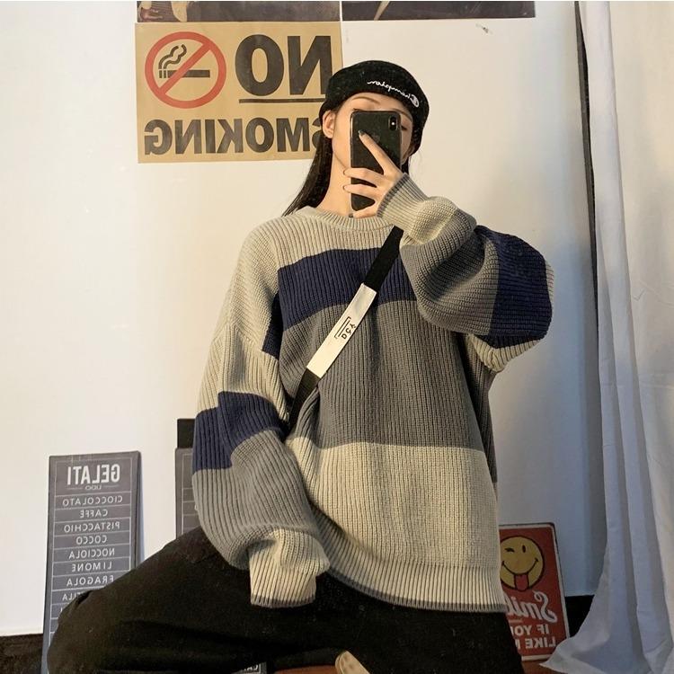 Pofulove Schoolgirl Loose Loose Lazy Wild Sweater Winter Coat Round Neck Color Matching Sweater