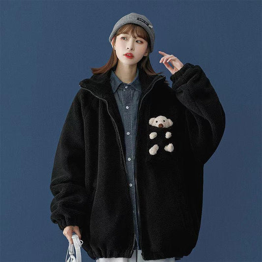 Faux Lamb Fur Bear Stand-up Collar Warm Jacket Women Autumn and Winter Loose Plus Velvet Thick Casual Cotton Warm Jacket