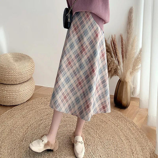 Woolen Plaid Skirt Female Autumn and Winter Mid-length A-line Skirt High Waist Slimming Knee-length Umbrella Skirt