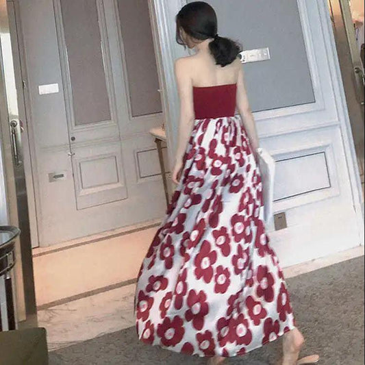Women Summer Vintage High Waist Sleeveless Party Dress Elegant Slim Floral Printed Backless Long Dress