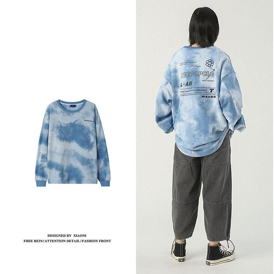 Spring Autumn Thin Casual Long-sleeved Letter Printing Pullover Sweatshirt Tops Ladies O- Neck Tie-dye Hoodies