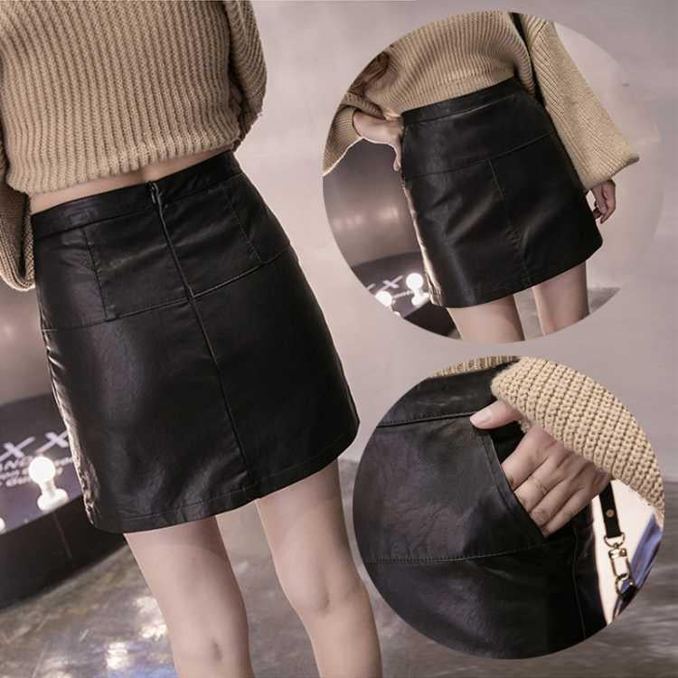 Vintage Elegant Black PU Skirts Women Faux Leather Bud Skirts Pleated Ladies Sexy Party Short Skirts