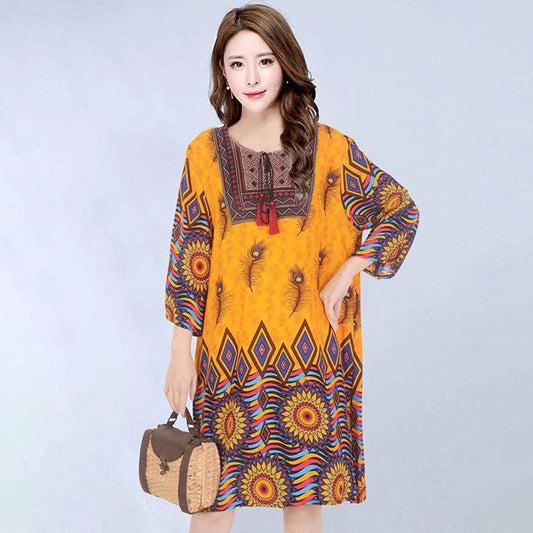 Retro Ethnic Women's Round Neck Floral Print Casual Loose Mid-length Dress Cotton Silk Dress Summer Round Neck Slim Beach Travel Dress