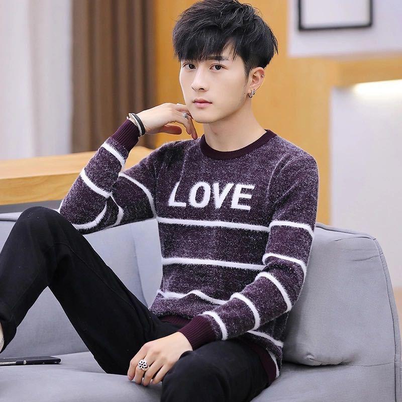 Fall/winter Men's Pullover Low-neck Casual Character Jacket Long-sleeved Striped Splicing Color Top