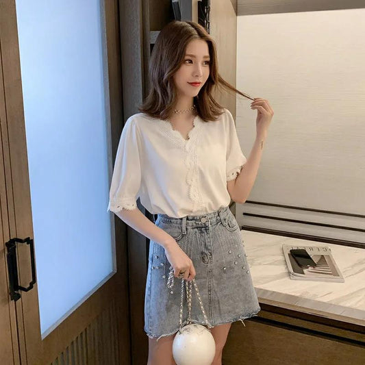 Women Spring Vintage White Shirt Niche Top 3/4 Sleeve Elegant Loose Summer Lace Patchwork Chiffon Versatile Shirt