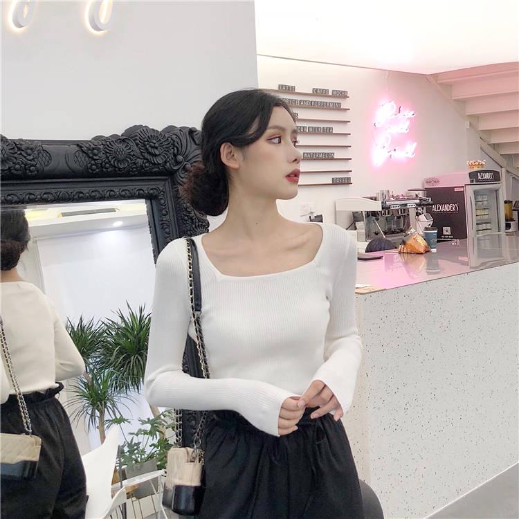 Pofulove Open Collarbone Square Collar Shirt Sweater Female Student Tight Bottoming Slim Sweater