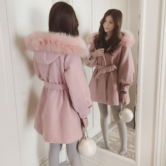 Women's Mid-length Woolen Coat with Waist and Woolen Collar Autumn and Winter Fashion Korean Small Thick Woolen Coat