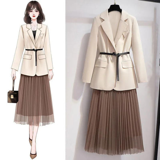 Plus Size Women's Spring and Autumn Slim Suit Loose Temperament Pleated Skirt Two-piece Suit