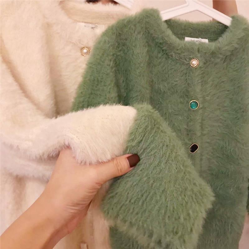Women Faux Mink Cashmere Lazy Loose Crew Neck Sweater Knitted Cardigan Button Coat