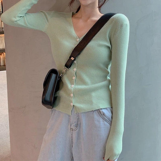 V-neck Solid Color Button Long-sleeved Knitted Bottoming Shirt Tops Women Spring and Autumn New Slim All-match Cardigan Casual Jacket