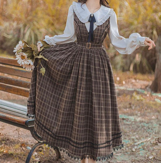 2 Piece Set Dark Academia Dress Double Check Tank Top Skirt and Long Sleeve Shirt Spring Cottagecore Dress French Dress