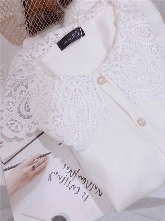 Pofulove Girly Lace V Neck Warm Knitwear Skin-friendly High Elasticity Fit Women Pullover Sweater
