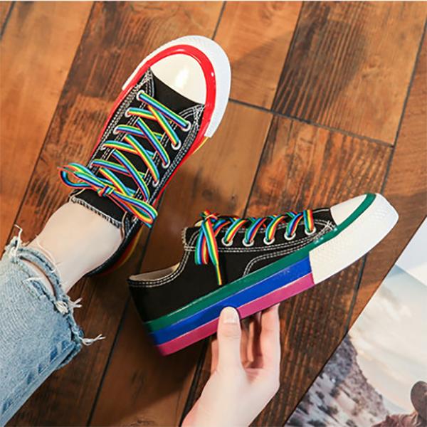 Mandarin Duck Canvas Shoes Female Students Korean Version of Rainbow Shoes Women's Shoes Hong Kong Style Small White Shoes Women's Flat Shoes