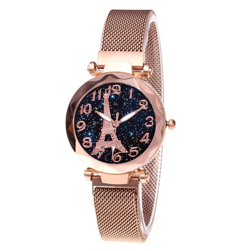 Paris Eiffel Tower Starry Quartz Watch Women's College Style Student Korean Vintage Simple Iron Magnet Luminous Mesh Belt Watch