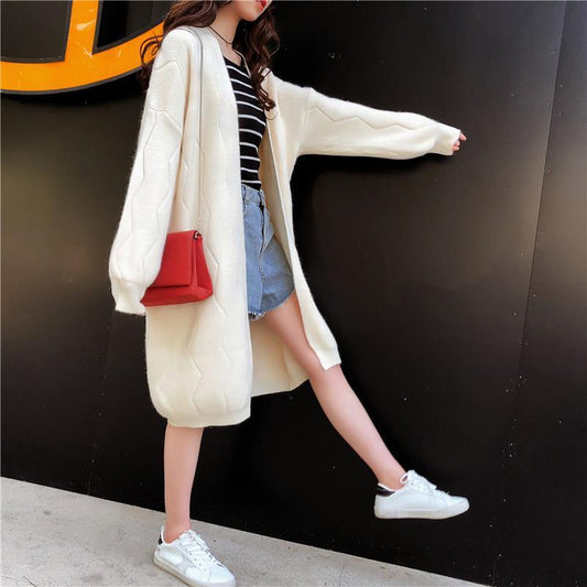 Spring and Autumn Casual Cardigan Lazy Wind Mid-length Knitted Coat Loose Long-sleeved Sweater