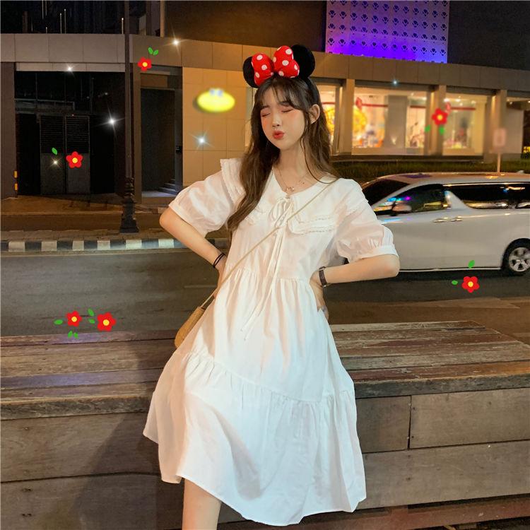 White Cute Sweet Well-behaved Girl Solid Color Bow Ruffle Mid-length A-shaped Skirt Looser Short Sleeve Dress
