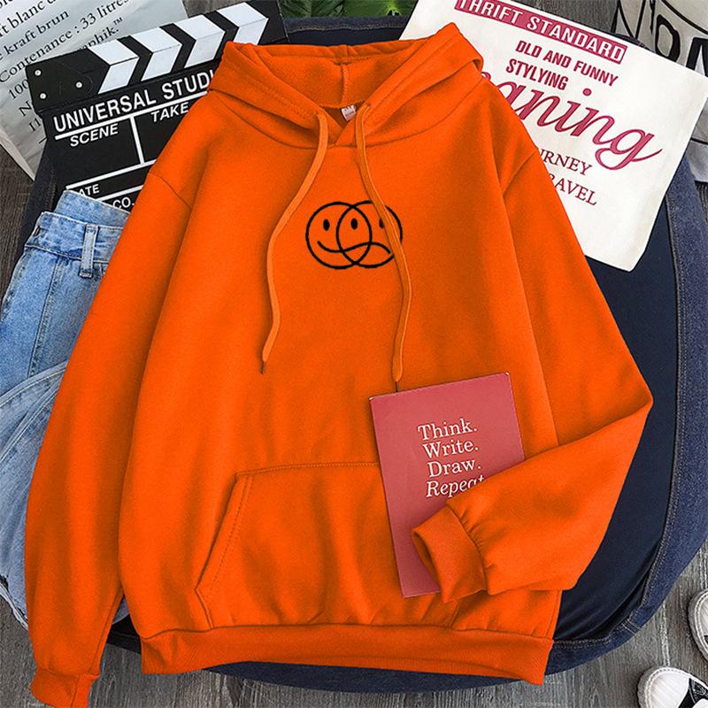 Smile Face and Sad Face Hoodie Aesthetic Sweatshirt Pullover Korean Style Streetwear Sweatshirt Long Sleeve Smile Sad Face Line Print Hood