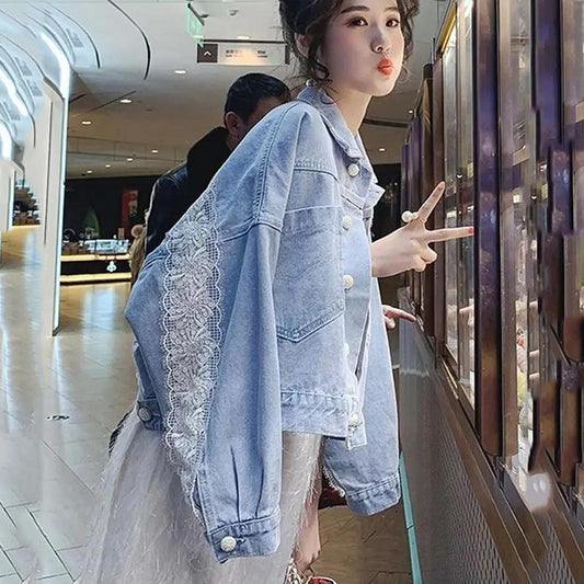Spring and Autumn Fresh and Sweet Short Denim Jacket Women Loose Bf All-match Thin Jacket Ladies Casual Jacket Long-sleeved Denim Lace Jacket