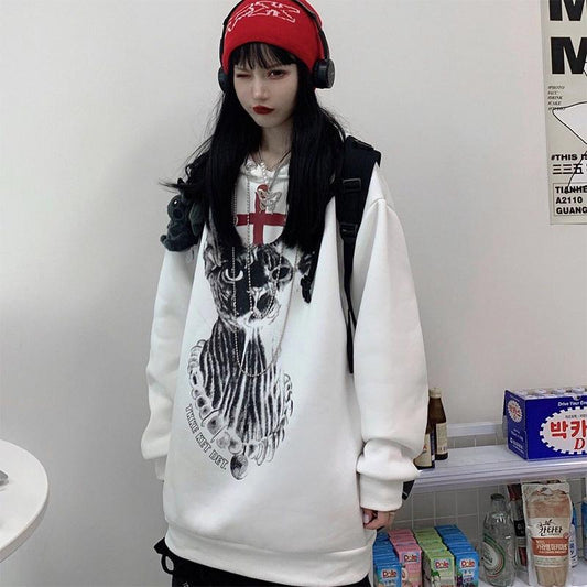 Autumn and Winter Sweater Women Dark Personality Hairless Cat Print