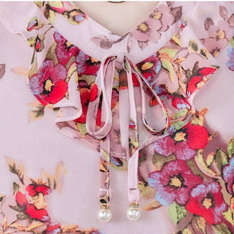 Floral Blouse Women's Lace-up Summer Round Neck All-match Short-sleeved Chiffon Shirt