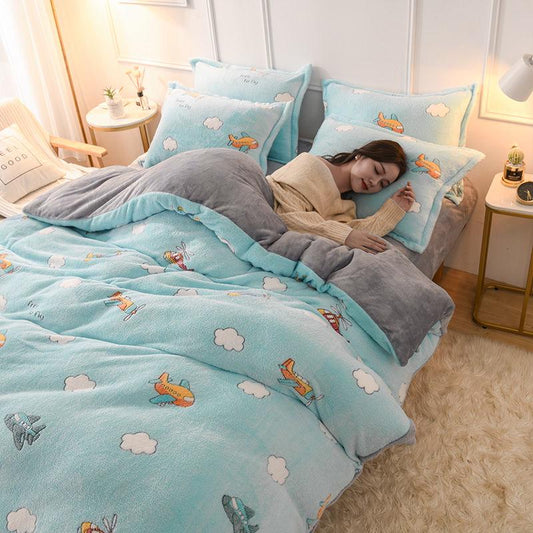4pcs Home Textile Cartoon Aircraft Winter Children Kids Bedding Set Comfortable Bed Linens