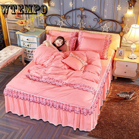 Solid Color Washed Bed Skirt Set 200x230CM Size Bedding Bedsheet Bedspread Pillowcase