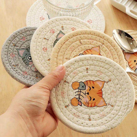 Cartoon Printing Cat Coaster Cotton Placemat Insulation Pad Thickened Hand-woven Coaster Round Coaster